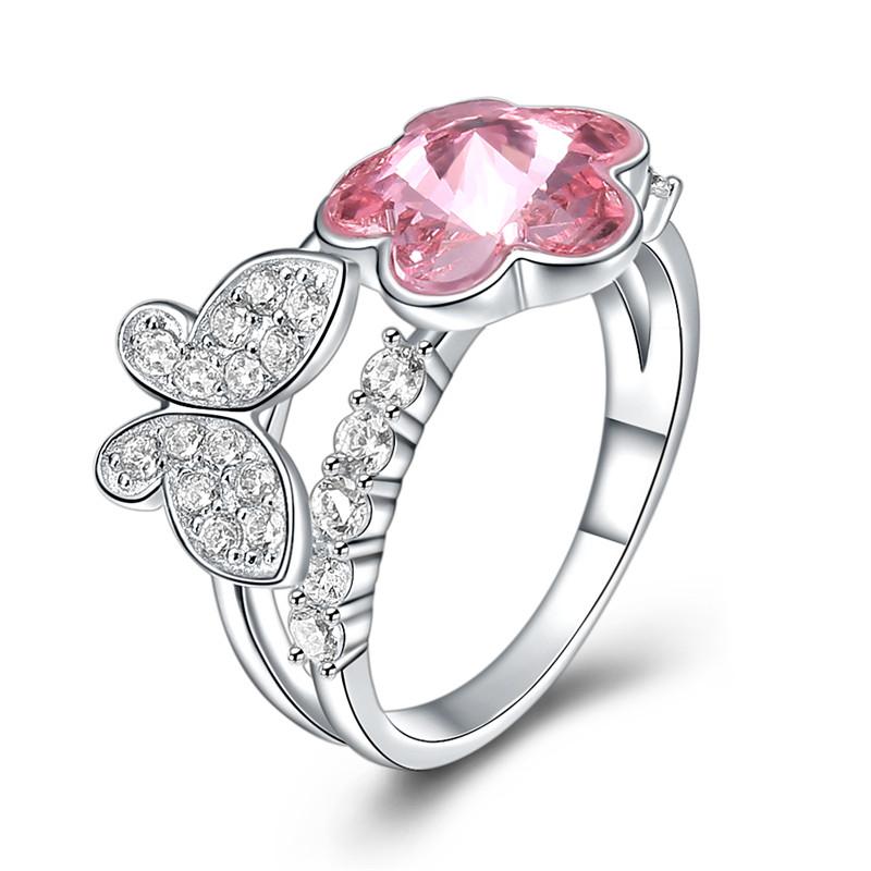 S925 Fashion Sterling Silver Pink Crystal Butterfly Flowers Ring Ladies Girls Women Birthday Valentine Gifts Elegant Design Favorable Price