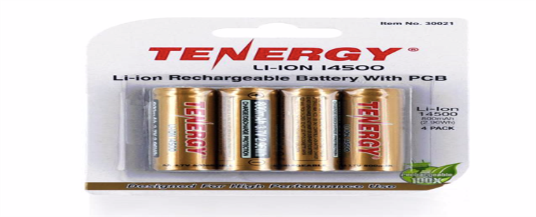 4-Pack Card: Tenergy 3.7V 800mAh Protected 14500 Li-ion Rechargeable Battery, Button Top, 2.96Wh
