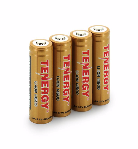 4-Pack Card: Tenergy 3.7V 800mAh Protected 14500 Li-ion Rechargeable Battery, Button Top, 2.96Wh